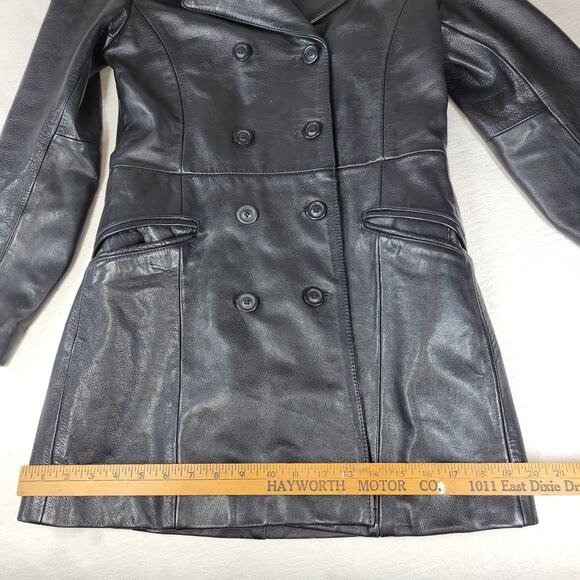 Express Garantie De Qualite Womens Sz Small Jacket Black Leather Coat Buttons - Picture 5 of 16